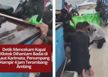 Kapal klotok di Laut Karimata terombang-ambing hampir empat jam akibat badai. Kru terpaksa membuang muatan untuk menyelamatkan penumpang, termasuk anak-anak.