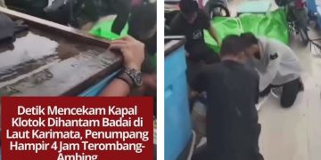 Kapal klotok di Laut Karimata terombang-ambing hampir empat jam akibat badai. Kru terpaksa membuang muatan untuk menyelamatkan penumpang, termasuk anak-anak.
