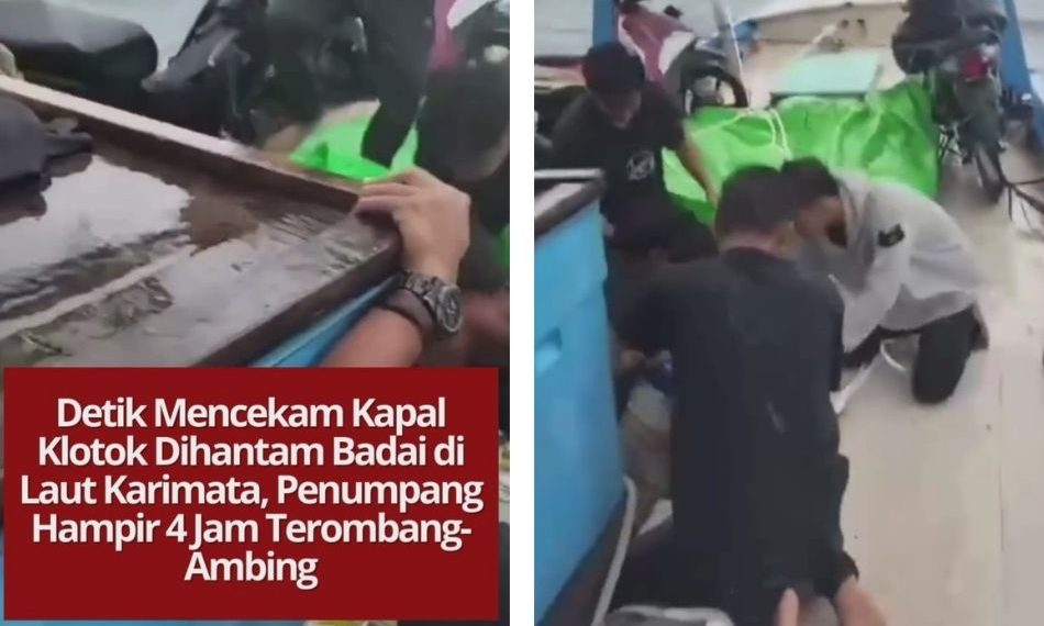 Kapal klotok di Laut Karimata terombang-ambing hampir empat jam akibat badai. Kru terpaksa membuang muatan untuk menyelamatkan penumpang, termasuk anak-anak.