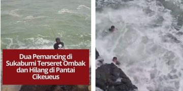 Dua pemancing hilang setelah terseret ombak besar di Pantai Cikeueus, Sukabumi. Hingga kini pencarian masih berlangsung dan warga diimbau tetap waspada.
