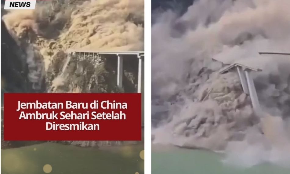 Jembatan Hongqi di Sichuan, China, ambruk sehari setelah diresmikan akibat pergeseran tanah dan longsor besar di wilayah pegunungan.