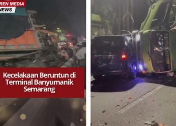 Kecelakaan beruntun di Terminal Banyumanik Semarang libatkan dua truk dan satu mobil, tiga kendaraan terguling tanpa korban jiwa.