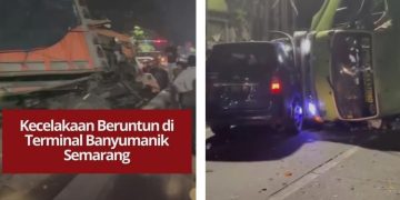 Kecelakaan beruntun di Terminal Banyumanik Semarang libatkan dua truk dan satu mobil, tiga kendaraan terguling tanpa korban jiwa.