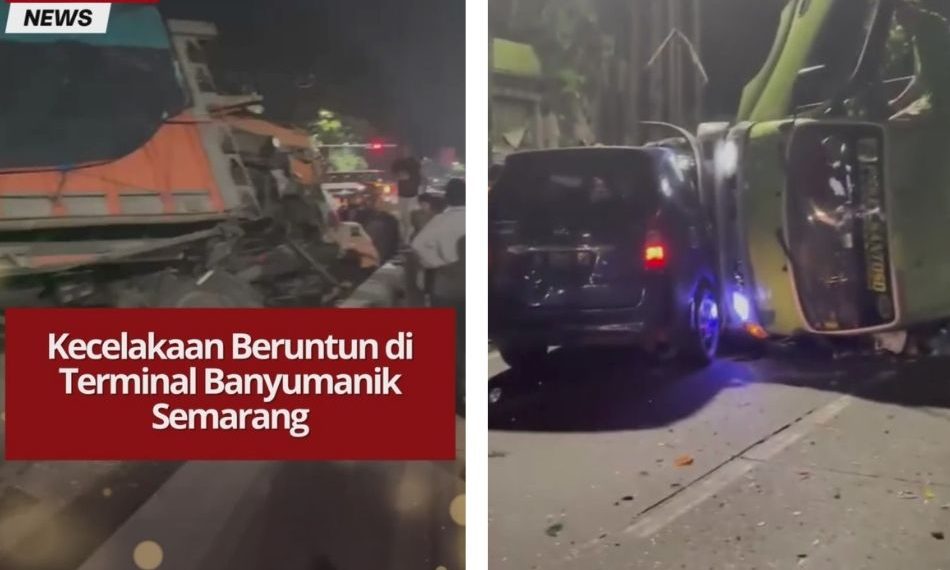 Kecelakaan beruntun di Terminal Banyumanik Semarang libatkan dua truk dan satu mobil, tiga kendaraan terguling tanpa korban jiwa.
