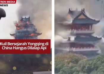 Kuil Yongqing berusia 1.500 tahun di Gunung Fenghuang, China Selatan, hangus dilalap api. Pagoda utama runtuh, namun tak ada korban jiwa.