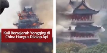 Kuil Yongqing berusia 1.500 tahun di Gunung Fenghuang, China Selatan, hangus dilalap api. Pagoda utama runtuh, namun tak ada korban jiwa.