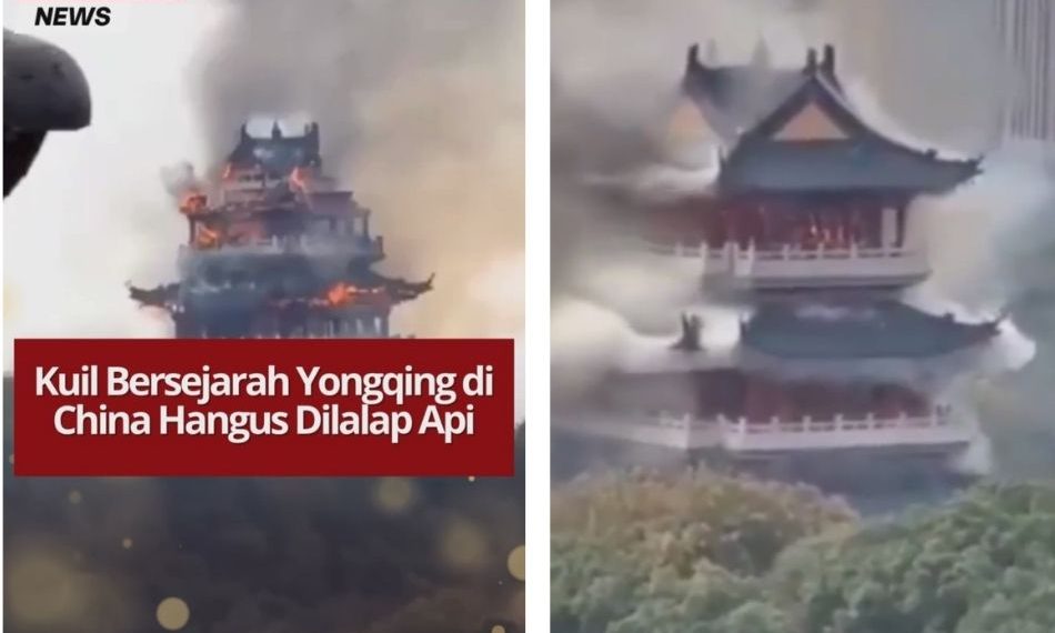 Kuil Yongqing berusia 1.500 tahun di Gunung Fenghuang, China Selatan, hangus dilalap api. Pagoda utama runtuh, namun tak ada korban jiwa.