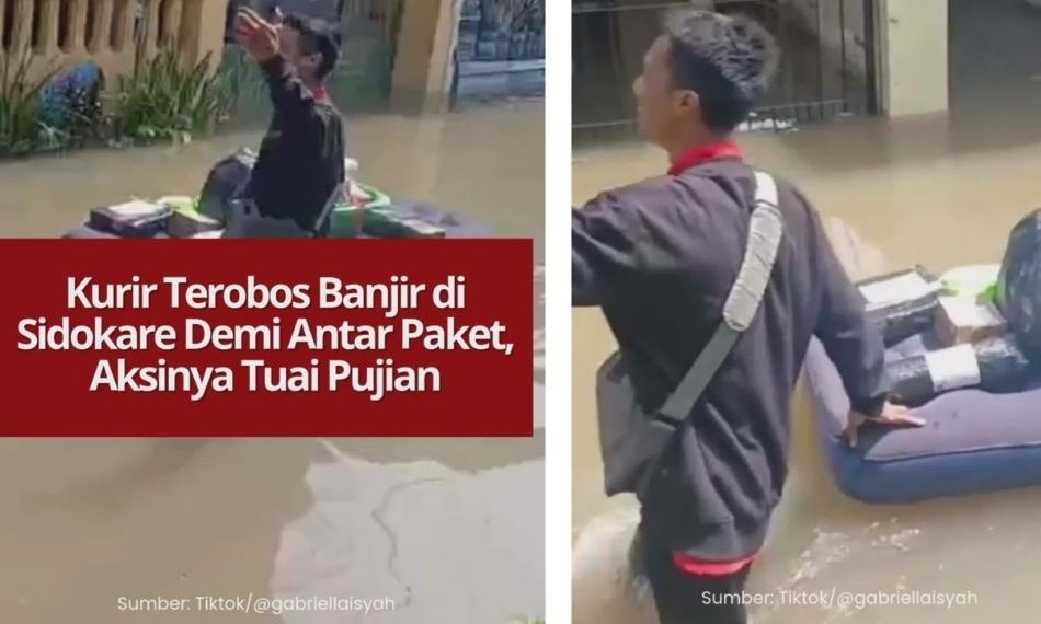Viral kurir di Sidokare, Sidoarjo, menerobos banjir demi mengantar paket. Aksinya dipuji warganet karena dedikasi tinggi.