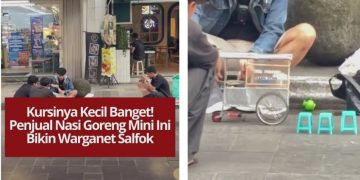 Aksi penjual nasi goreng yang duduk di kursi super kecil bikin warganet salfok. Videonya viral dan menimbulkan tanya: benar jualan atau konten unik?