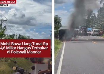 Mobil bawa uang tunai Rp 4,6 miliar Bank BNI hangus terbakar di Polewali Mandar, diduga akibat korsleting atau kebocoran bahan bakar.