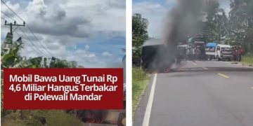 Mobil bawa uang tunai Rp 4,6 miliar Bank BNI hangus terbakar di Polewali Mandar, diduga akibat korsleting atau kebocoran bahan bakar.