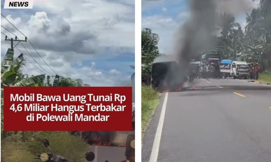 Mobil bawa uang tunai Rp 4,6 miliar Bank BNI hangus terbakar di Polewali Mandar, diduga akibat korsleting atau kebocoran bahan bakar.