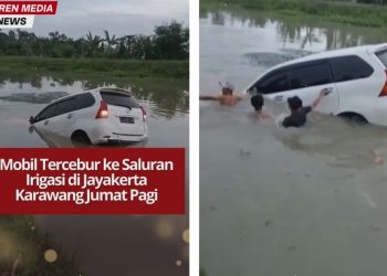 Sebuah mobil tercebur ke saluran irigasi di Jayakerta, Karawang, Jumat pagi. Warga dan petugas evakuasi kendaraan. Pengendara diminta waspada.