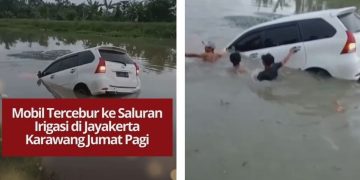 Sebuah mobil tercebur ke saluran irigasi di Jayakerta, Karawang, Jumat pagi. Warga dan petugas evakuasi kendaraan. Pengendara diminta waspada.