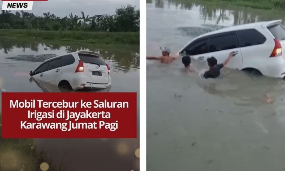 Sebuah mobil tercebur ke saluran irigasi di Jayakerta, Karawang, Jumat pagi. Warga dan petugas evakuasi kendaraan. Pengendara diminta waspada.