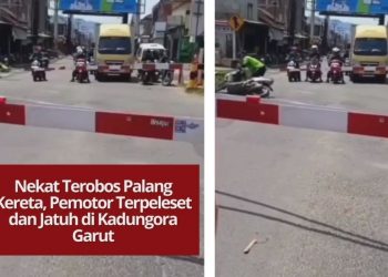 Pemotor di Kadungora Garut nekat terobos palang kereta yang sudah tertutup hingga terpeleset dan jatuh. Video viral ini jadi pengingat pentingnya patuh aturan lalu lintas.