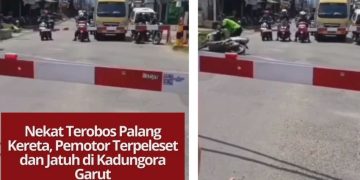 Pemotor di Kadungora Garut nekat terobos palang kereta yang sudah tertutup hingga terpeleset dan jatuh. Video viral ini jadi pengingat pentingnya patuh aturan lalu lintas.