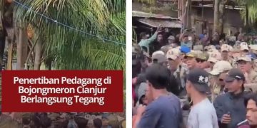 Tim gabungan menertibkan pedagang di Bojongmeron Cianjur Selasa pagi, setelah Pemkab melayangkan SP 1 hingga SP 3. Suasana eksekusi berlangsung tegang.