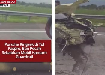Sebuah Porsche ringsek setelah ban pecah dan menabrak guardrail di Tol Pasuruan–Probolinggo. Kecelakaan terjadi saat mobil melaju di lajur cepat.