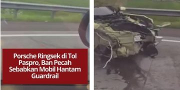 Sebuah Porsche ringsek setelah ban pecah dan menabrak guardrail di Tol Pasuruan–Probolinggo. Kecelakaan terjadi saat mobil melaju di lajur cepat.