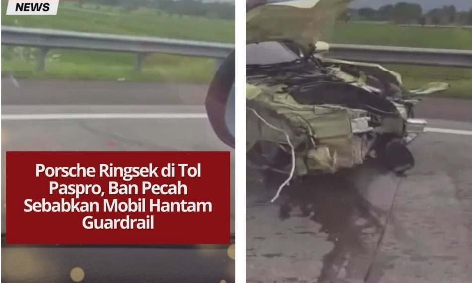 Sebuah Porsche ringsek setelah ban pecah dan menabrak guardrail di Tol Pasuruan–Probolinggo. Kecelakaan terjadi saat mobil melaju di lajur cepat.