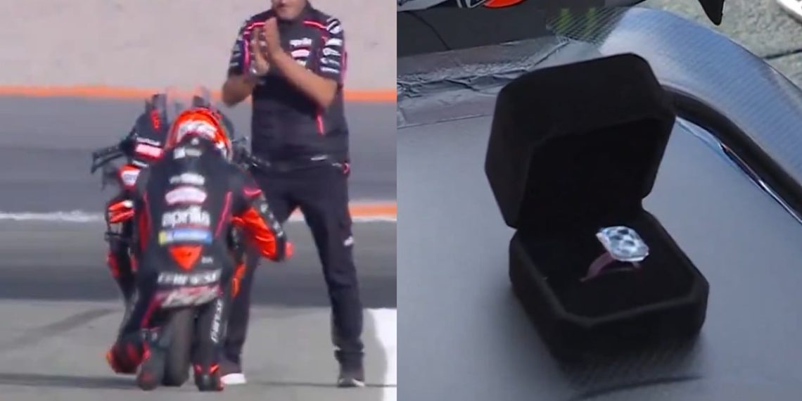 Marco Bezzecchi mencuri perhatian dengan aksi melamar motor RS-GP setelah memenangi MotoGP Valencia. Ia mengungkap cerita taruhan dan motivasi besar di balik aksi unik itu. (Foto: X)