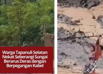 Warga Tapanuli Selatan terpaksa menyeberangi sungai berarus deras dengan berpegangan kabel listrik setelah jembatan ambruk akibat longsor. Kondisi mereka sangat memprihatinkan.