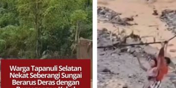 Warga Tapanuli Selatan terpaksa menyeberangi sungai berarus deras dengan berpegangan kabel listrik setelah jembatan ambruk akibat longsor. Kondisi mereka sangat memprihatinkan.