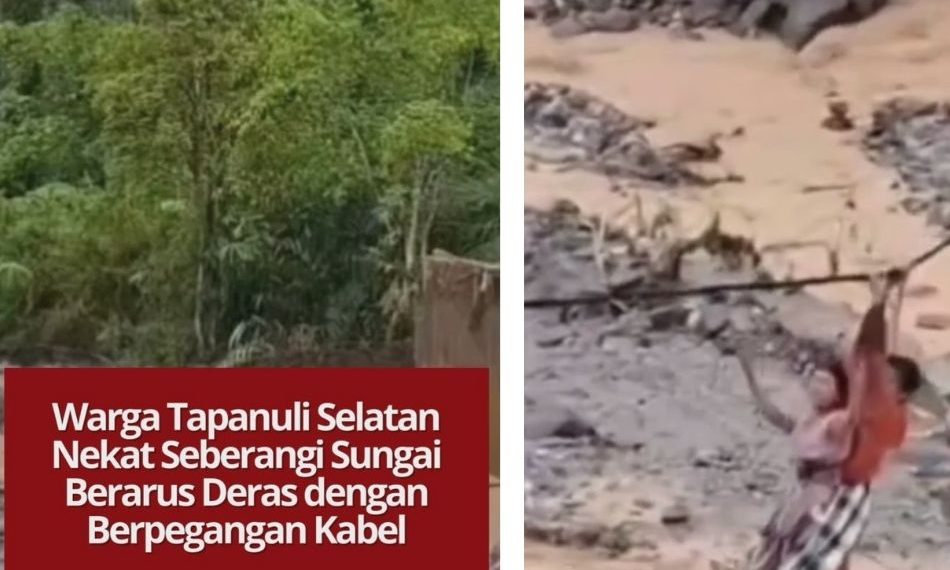 Warga Tapanuli Selatan terpaksa menyeberangi sungai berarus deras dengan berpegangan kabel listrik setelah jembatan ambruk akibat longsor. Kondisi mereka sangat memprihatinkan.