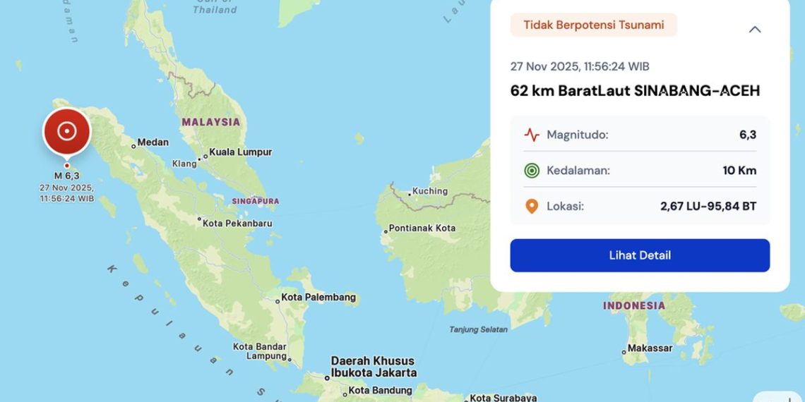Gempa M 6,3 mengguncang Sinabang Aceh, dirasakan hingga Medan. BMKG catat 6 aftershock dan sebaran intensitas MMI di Sumatera. (Foto: Dok. BMKG)