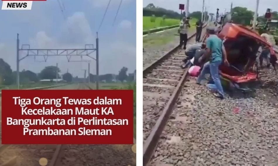 Tiga orang tewas usai KA Bangunkarta menabrak mobil dan dua motor di perlintasan sebidang Prambanan, Sleman. Polisi lakukan olah TKP.