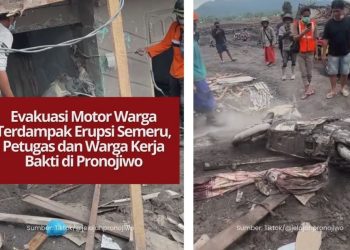 Petugas dan warga Pronojiwo mengevakuasi motor yang tertimbun material vulkanik akibat erupsi Gunung Semeru. Proses penyelamatan dilakukan secara bergotong royong.
