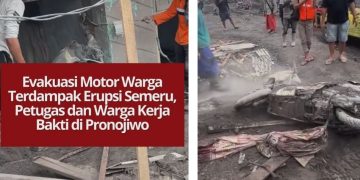 Petugas dan warga Pronojiwo mengevakuasi motor yang tertimbun material vulkanik akibat erupsi Gunung Semeru. Proses penyelamatan dilakukan secara bergotong royong.