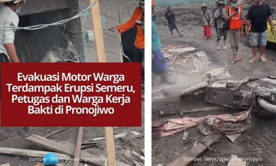Petugas dan warga Pronojiwo mengevakuasi motor yang tertimbun material vulkanik akibat erupsi Gunung Semeru. Proses penyelamatan dilakukan secara bergotong royong.
