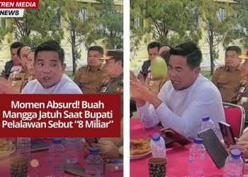 Buah mangga jatuh nyaris mengenai Bupati Pelalawan Zukri saat menyebut “8 Miliar” dalam rapat terbuka, momen ini langsung viral di medsos.