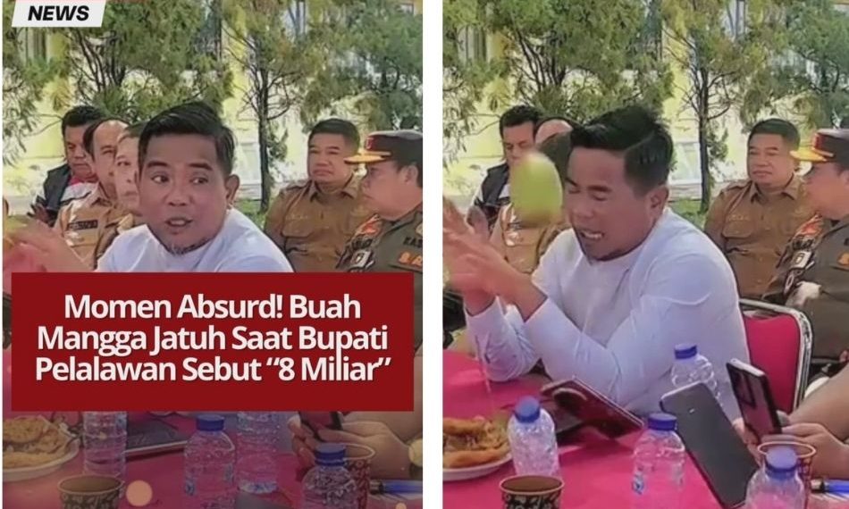 Buah mangga jatuh nyaris mengenai Bupati Pelalawan Zukri saat menyebut “8 Miliar” dalam rapat terbuka, momen ini langsung viral di medsos.
