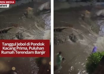 Tanggul jebol di Pondok Kacang Prima, Tangsel, sebabkan banjir 30–50 cm. Warga minta perhatian pemerintah agar pembangunan tanggul segera diselesaikan.