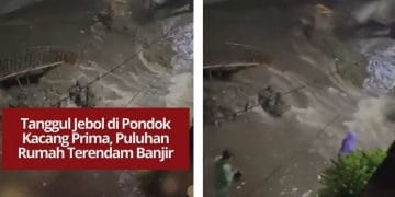 Tanggul jebol di Pondok Kacang Prima, Tangsel, sebabkan banjir 30–50 cm. Warga minta perhatian pemerintah agar pembangunan tanggul segera diselesaikan.