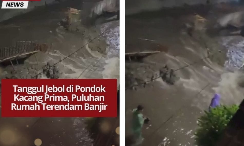 Tanggul jebol di Pondok Kacang Prima, Tangsel, sebabkan banjir 30–50 cm. Warga minta perhatian pemerintah agar pembangunan tanggul segera diselesaikan.