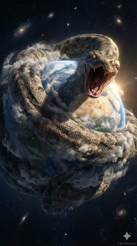 "Seekor Anaconda melilit bumi dalam Style Fajri Petrucci, detail sisik realistis, pencahayaan dramatis."