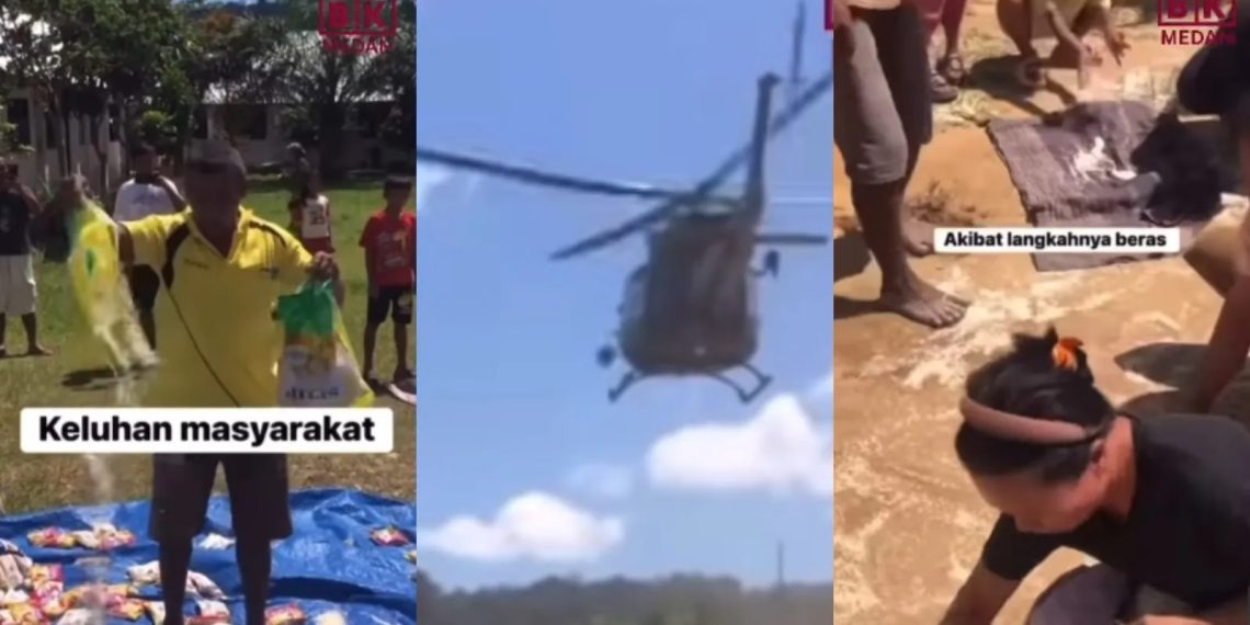 Bantuan beras dari helikopter berceceran di Tapanuli Utara. Tim darurat meminta masyarakat memahami kondisi dan menjanjikan perbaikan prosedur. (Foto: Instagram/bkmmedan_)