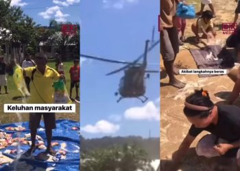 Bantuan beras dari helikopter berceceran di Tapanuli Utara. Tim darurat meminta masyarakat memahami kondisi dan menjanjikan perbaikan prosedur. (Foto: Instagram/bkmmedan_)