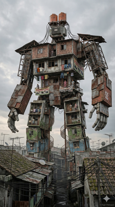 Ilustrasi robot raksasa 'Mecha Pecel Lele' yang terbuat dari rumah kumuh dan batu bata di tengah pemukiman padat. Karya ini menggunakan Style Fajri Petrucci yang menonjolkan realisme sinematik, tekstur kasar (grit), dan pencahayaan dramatis di bawah langit mendung.