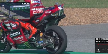 Ducati jelaskan penyebab velg motor Marc Marquez pecah di MotoGP Thailand 2026 akibat menghantam kerb. (Foto: TANGKAPAN LAYAR MOTOGP)