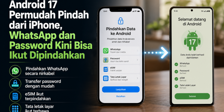 Android 17 menghadirkan sistem migrasi baru yang memudahkan pengguna iPhone memindahkan WhatsApp, password, eSIM, hingga tata letak layar secara nirkabel.
