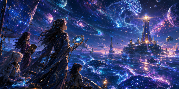 Lautan Cosmic Abadi mengisahkan perjalanan Elyssara di Mare Astra untuk menyalakan kembali Tujuh Mercusuar Langit sebelum cahaya terakhir padam.