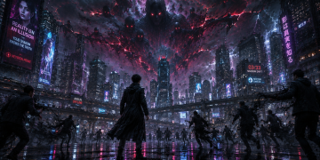 Bayangan Hitam di Kota Cyberpunk Part II mengungkap misteri Umbra Nexus, bisikan bayangan pukul 03.33, dan rahasia Veyrion Prime.