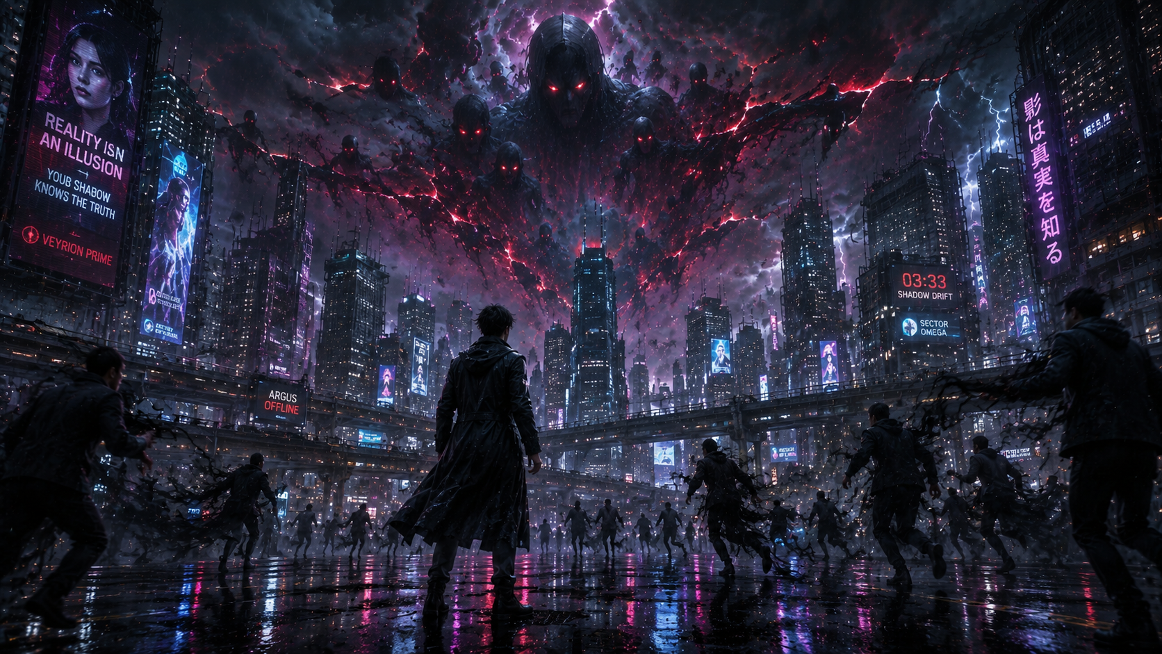 Bayangan Hitam di Kota Cyberpunk Part II mengungkap misteri Umbra Nexus, bisikan bayangan pukul 03.33, dan rahasia Veyrion Prime.