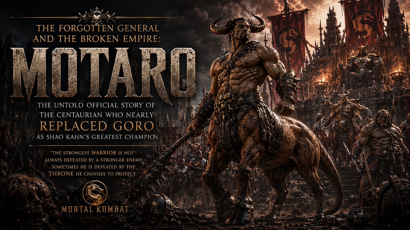 Discover the untold official story of Motaro, the legendary Centaurian general who nearly replaced Goro as Shao Kahn's greatest champion in Mortal Kombat.