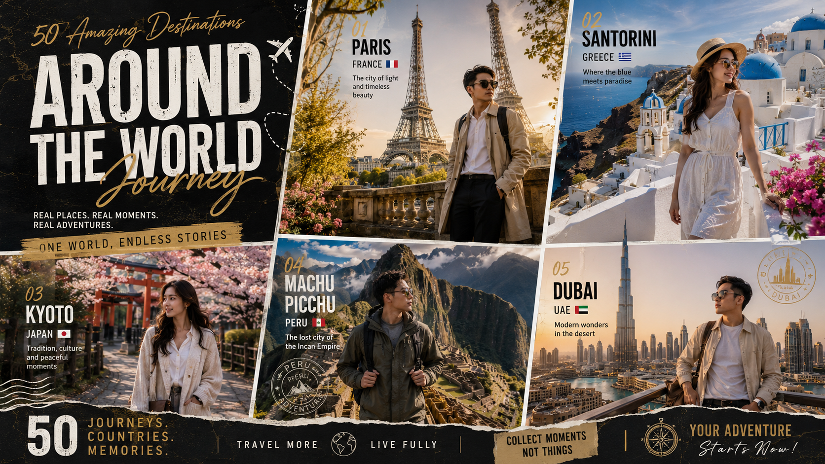 Discover 50 Hyper Realistic World Travel Prompt Collection for AI image generators. Create stunning travel portraits for men and women with cinematic 8K realism across the world's most iconic destinations.